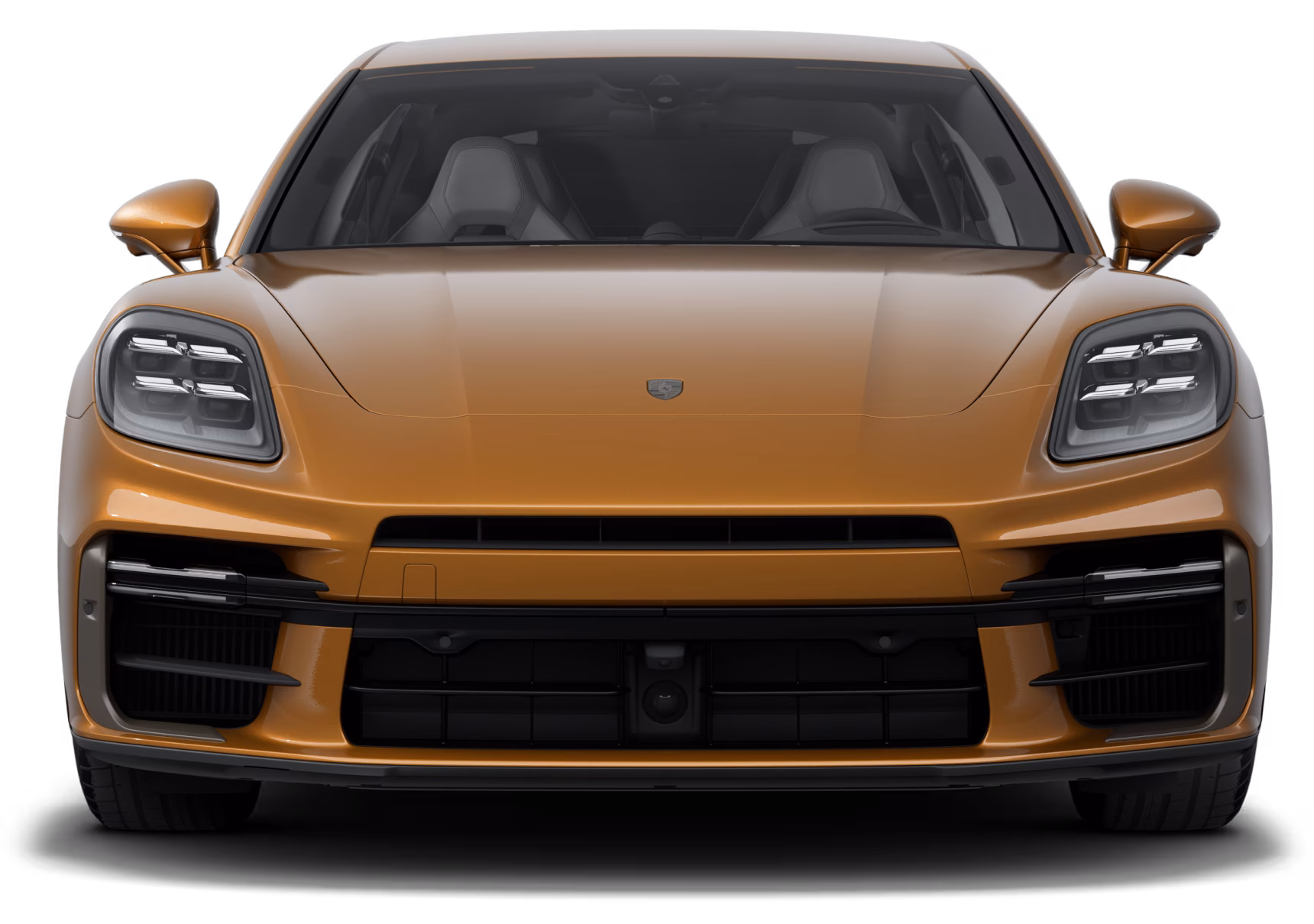 Front view of the Panamera Turbo E-Hybrid in Madeira Gold Metallic.