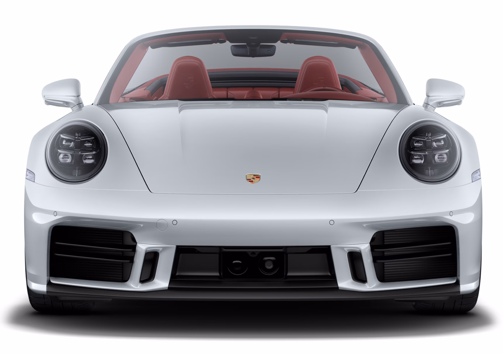 Porsche 911 Carrera S Cabriolet in Ice Grey Metallic. Front view.