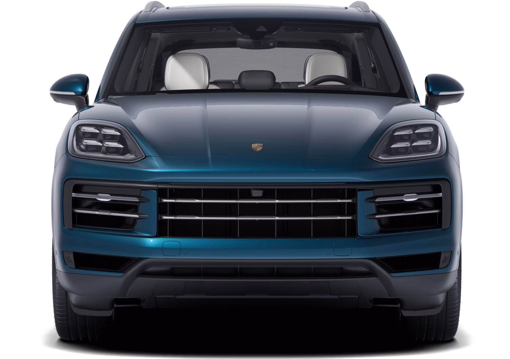 Front view of a Porsche Cayenne in a Montego Blue Metallic paint finish.
