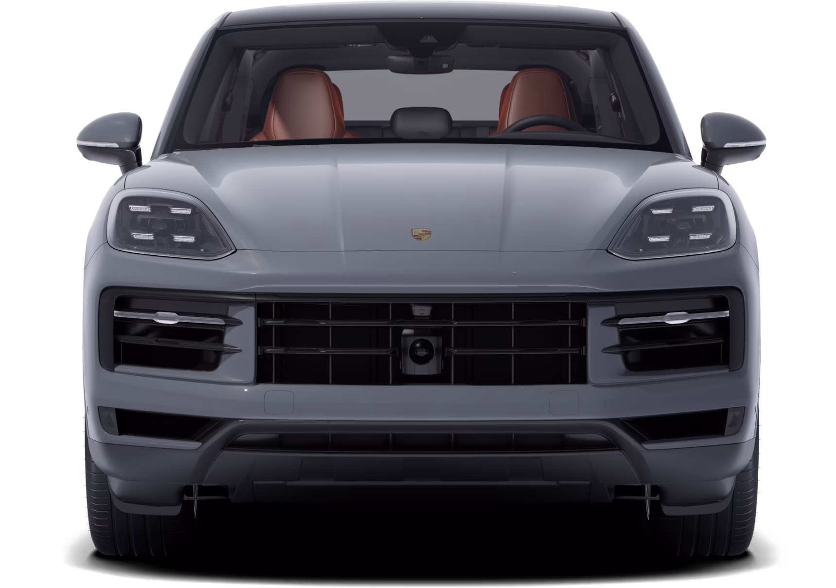 Vooraanzicht van de Porsche Cayenne Coupé gespoten in arctic grey.