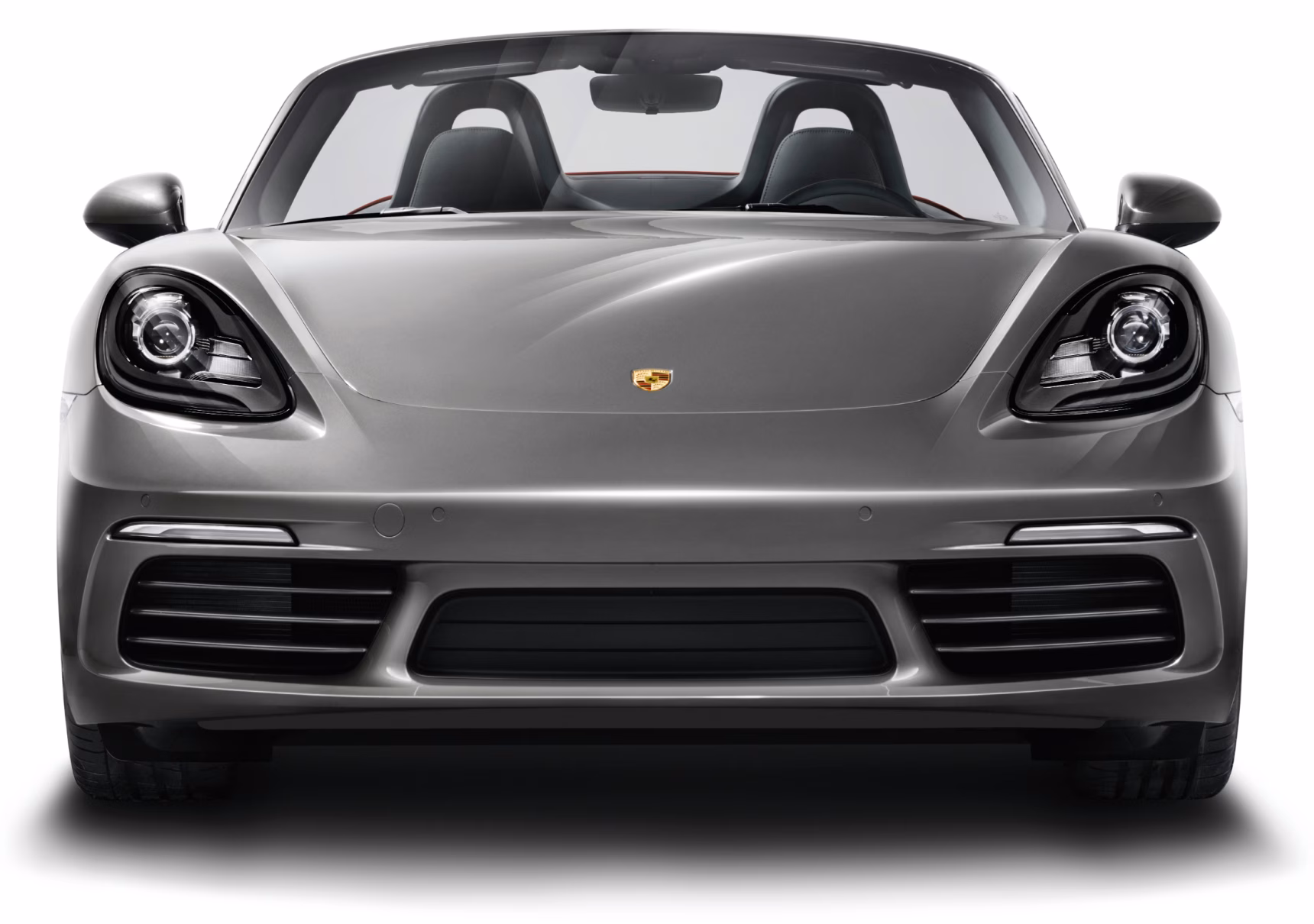 Front view of Porsche 718 Boxster in Agate Grey Metallic.