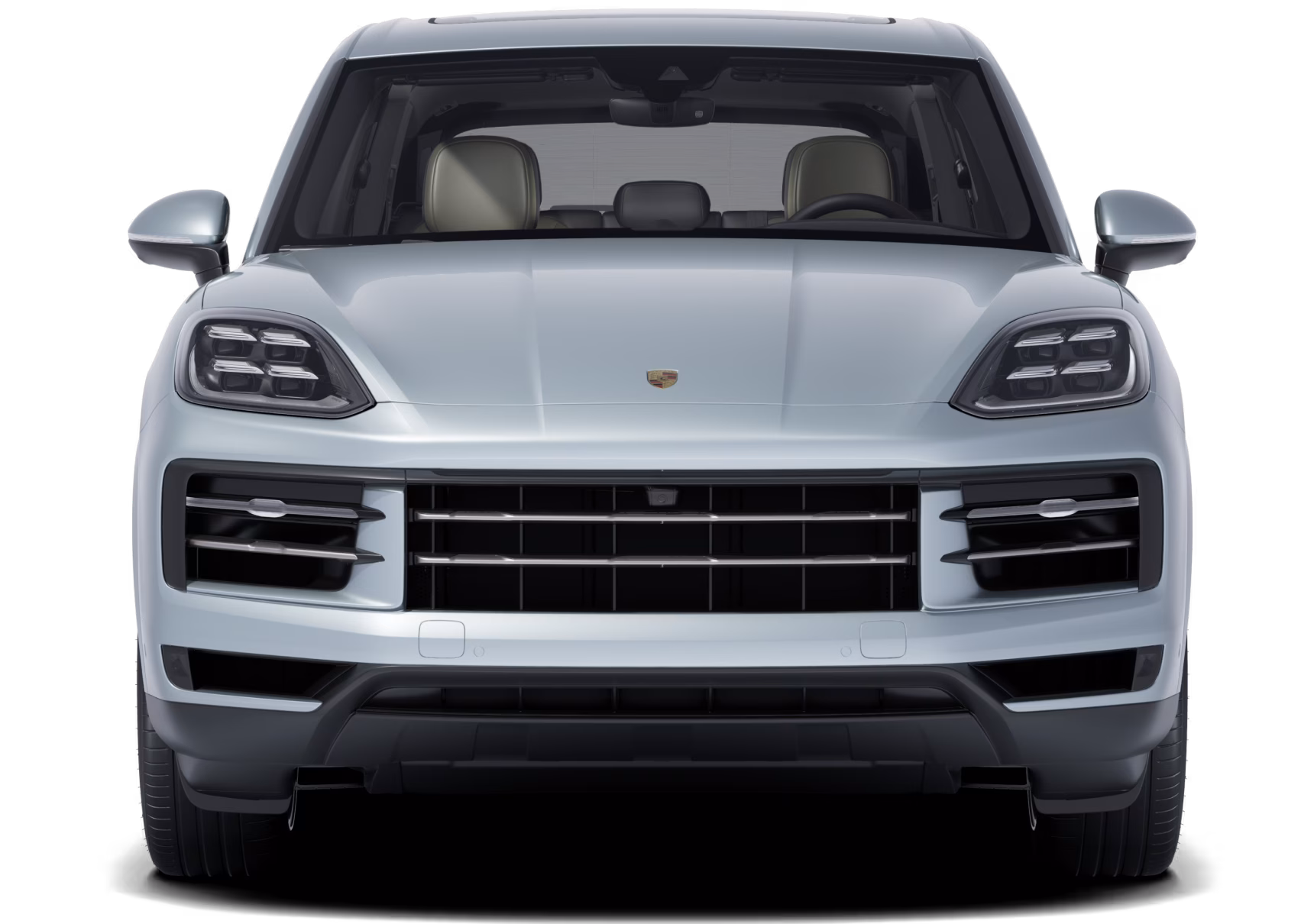 Front view of a Porsche Cayenne S in a Dolomite Silver paint finish.
