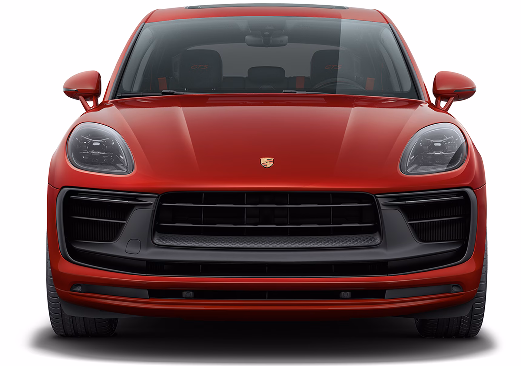 Porsche Macan GTS in Carmine Red. Front view.