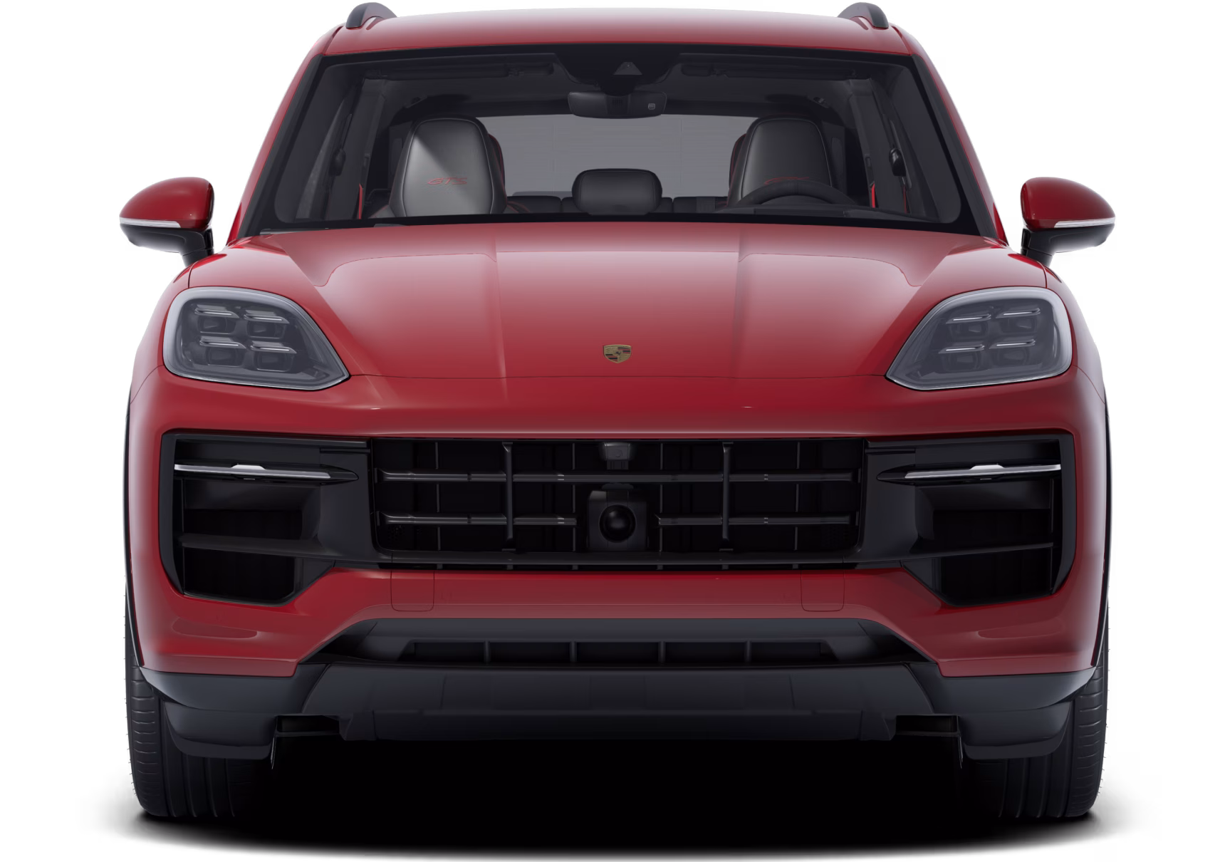 Porsche Cayenne GTS en color Rojo Carmín. Vista desde delante de la parte delantera.