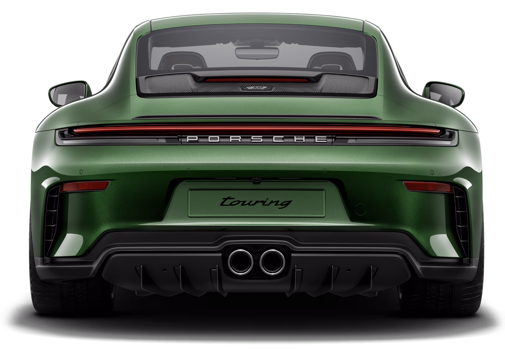 Porsche 911 GT3 with Touring package in Oak Green Metallic Neo. Rear view.