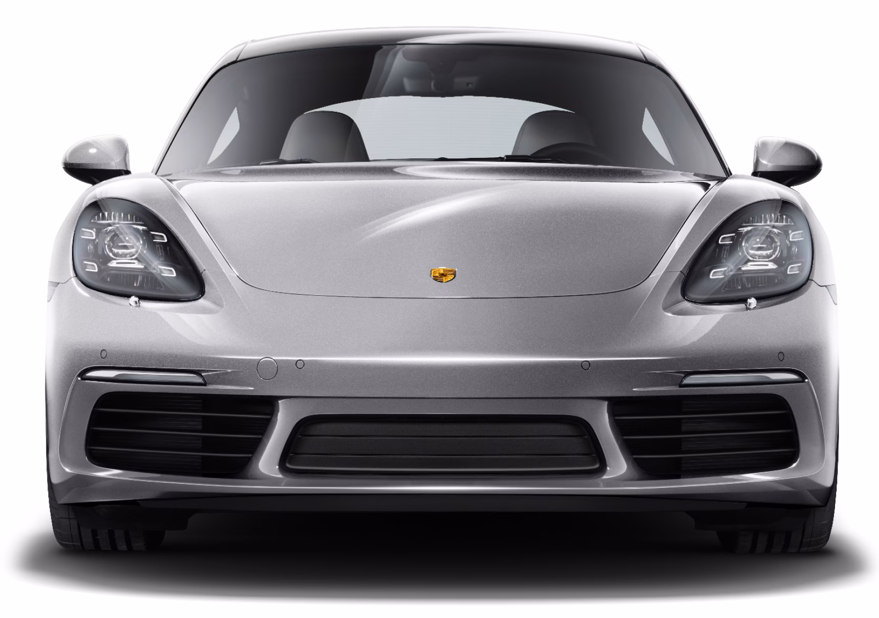 Vista de la parte delantera del Porsche 718 Cayman S en color Plata GT Metalizado.
