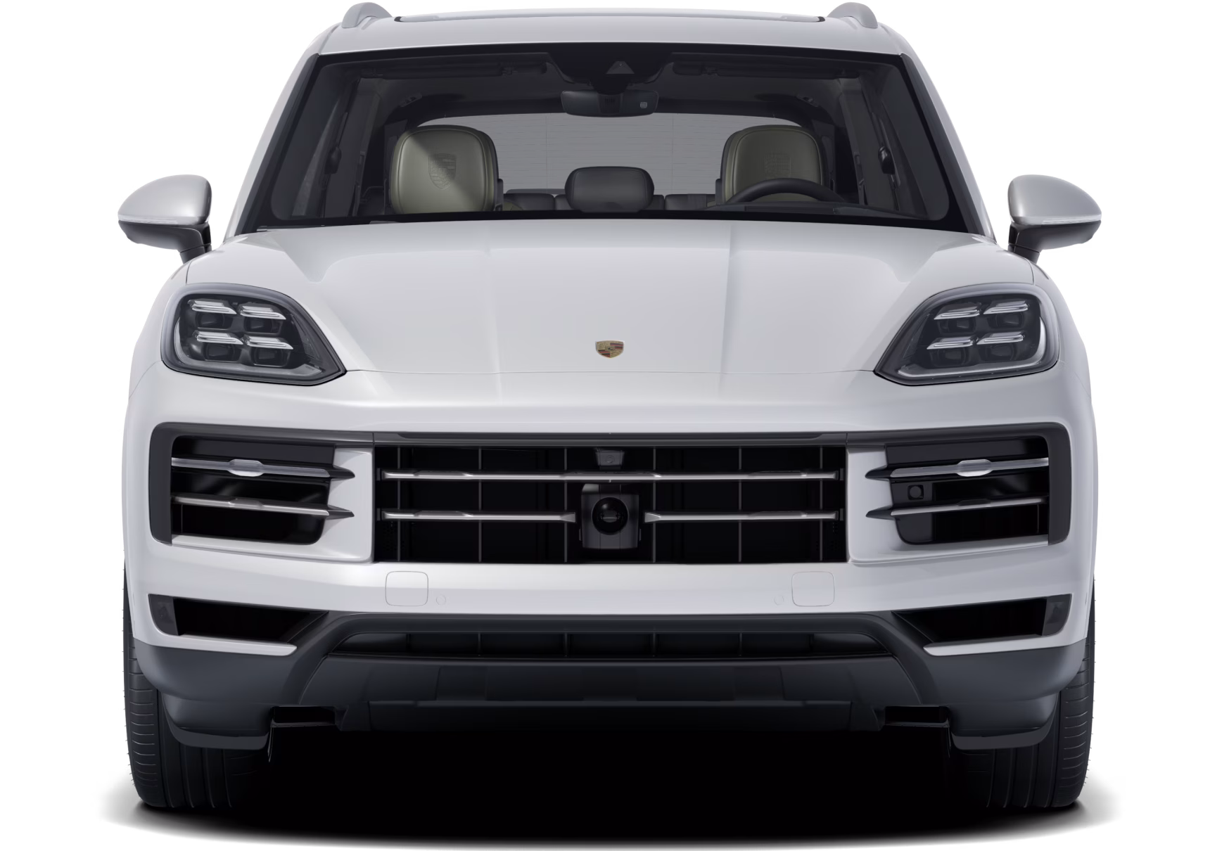 Vue de face d’un Porsche Cayenne E-Hybrid peint en Blanc Carrara métallisé.