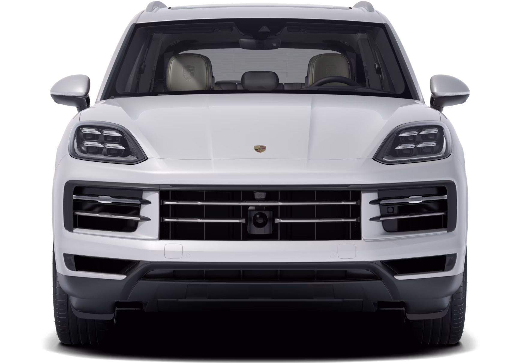 Vue de face d’un Porsche Cayenne E-Hybrid peint en Blanc Carrara métallisé.