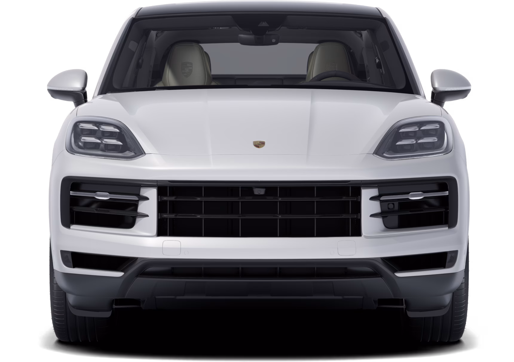 Vista frontal de un Porsche Cayenne S E-Hybrid Coupé en color Blanco Carrara Metalizado.