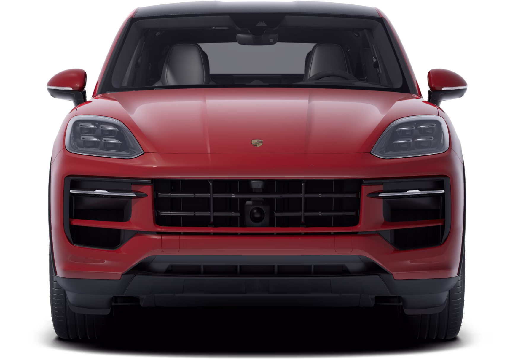 Porsche Cayenne GTS Coupé i Carmine Red. Vy framifrån av fronten.