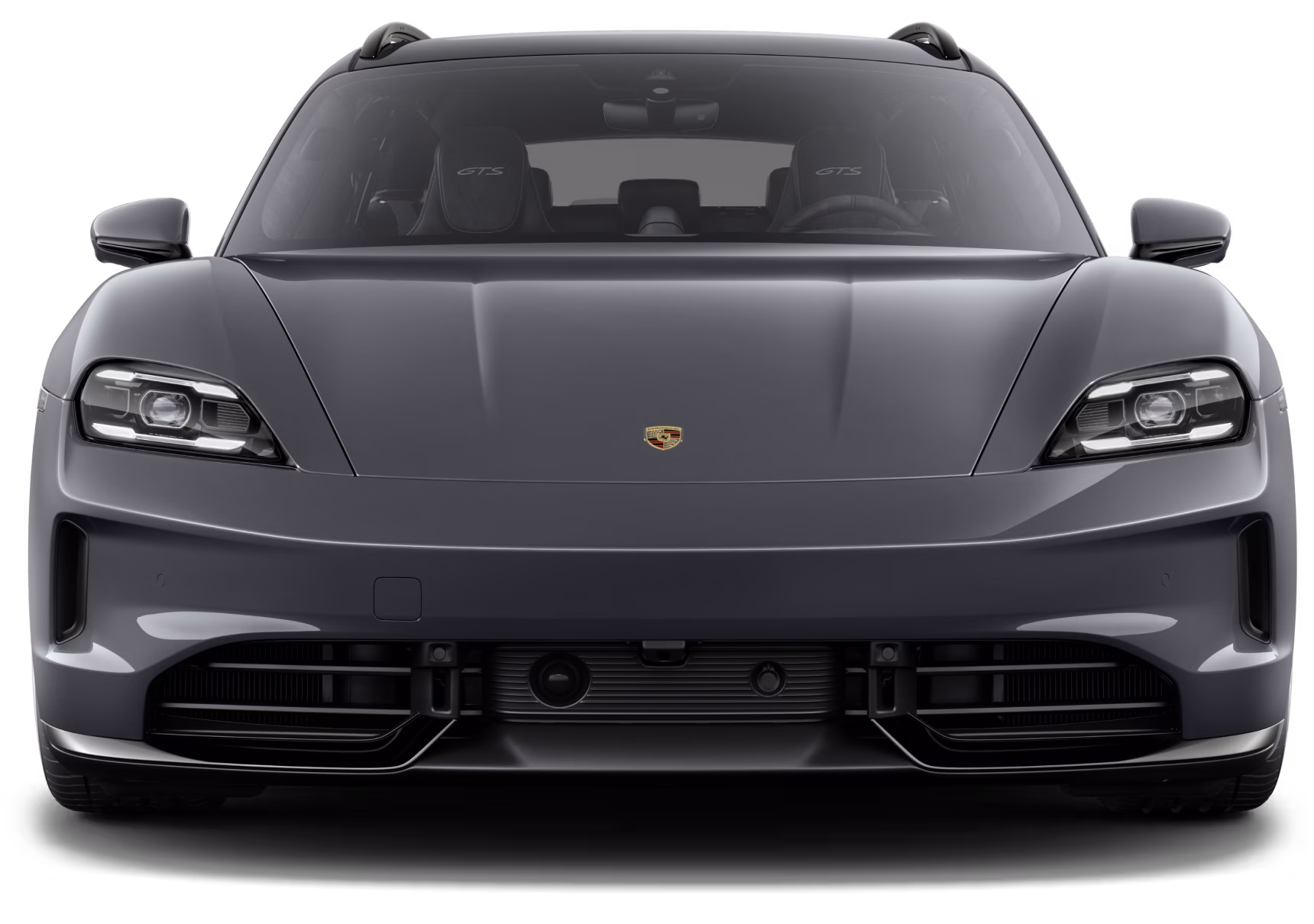Frontansicht des Porsche Taycan GTS Sport Turismo in Schiefergrau neo.