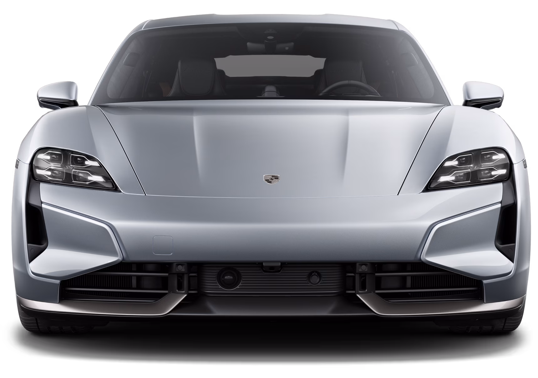 Front view of Porsche Taycan Turbo S in Ice Grey Metallic.