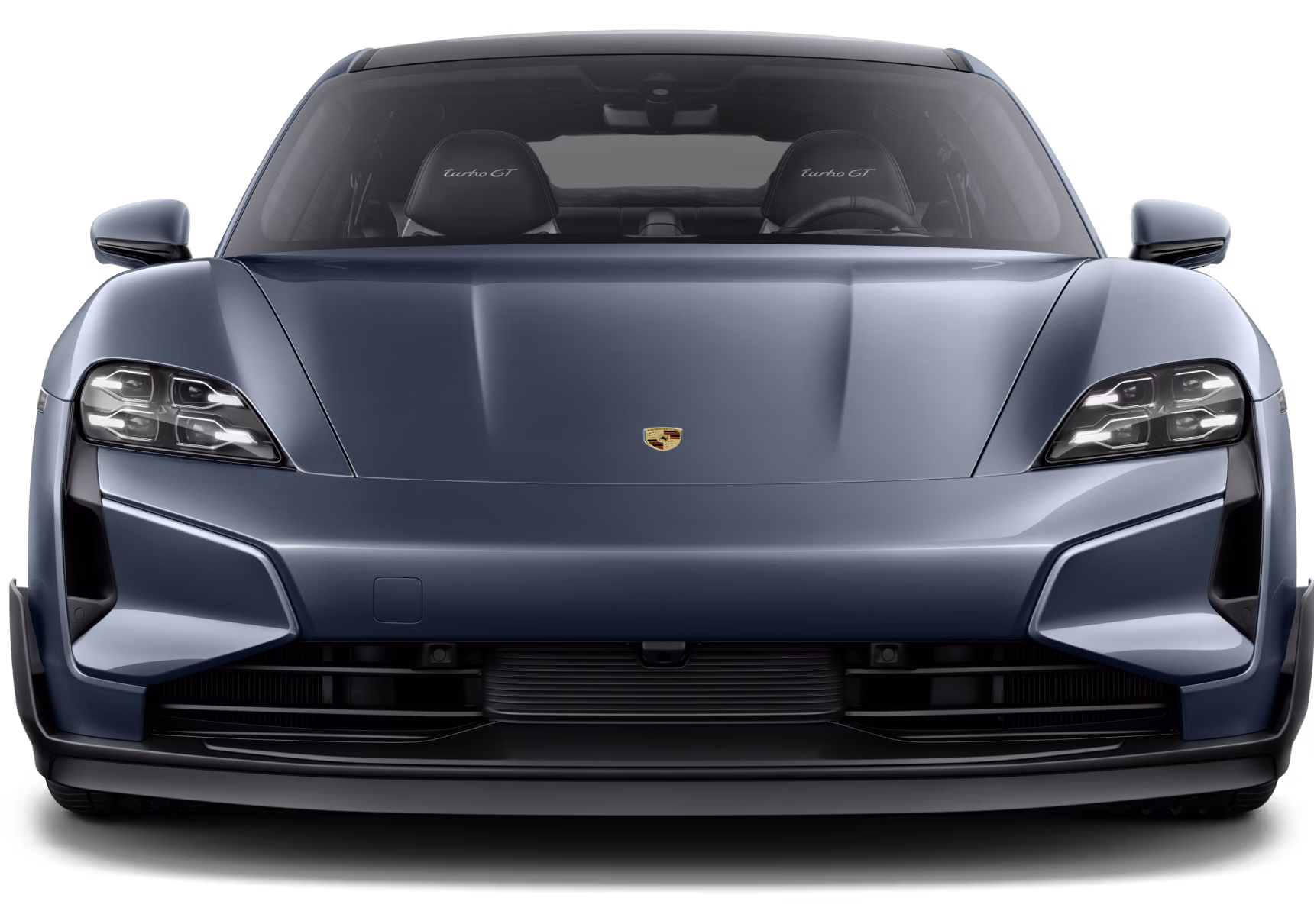 Frontansicht des Porsche Taycan Turbo GT in Palebluemetallic.