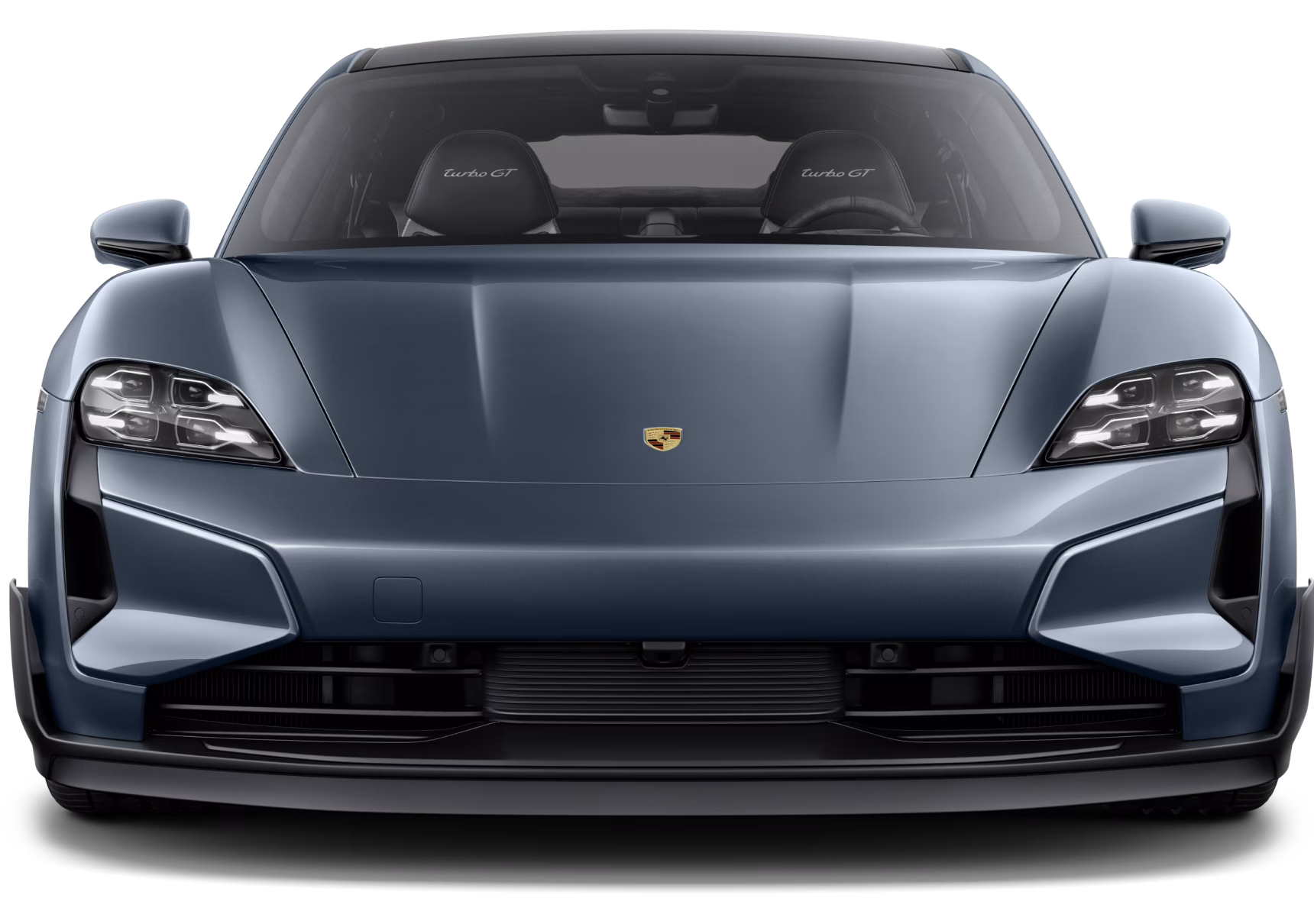 Front view of Porsche Taycan Turbo GT in Pale Blue Metallic.