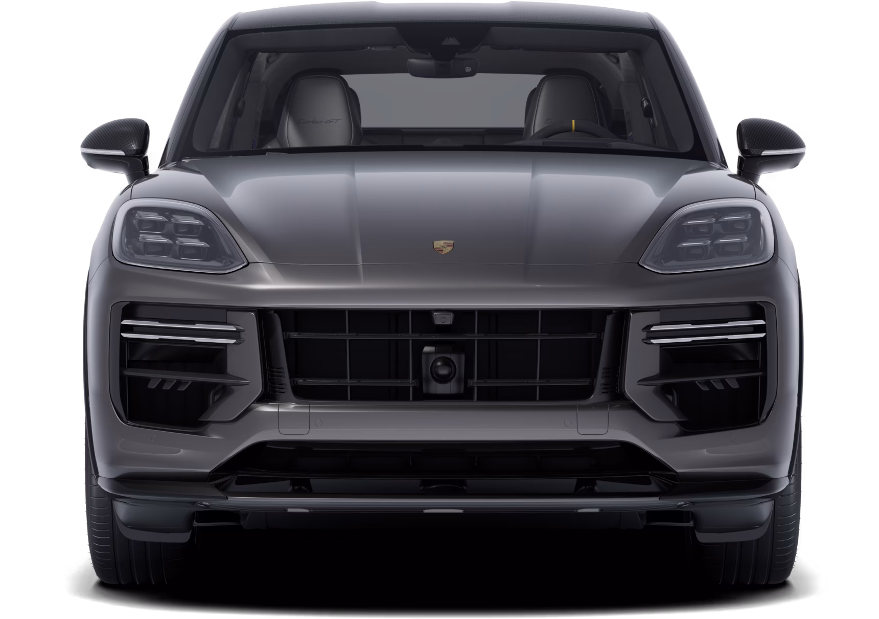 Front view of a Porsche Cayenne Turbo GT in a Quarzite Grey Metallic paint finish.