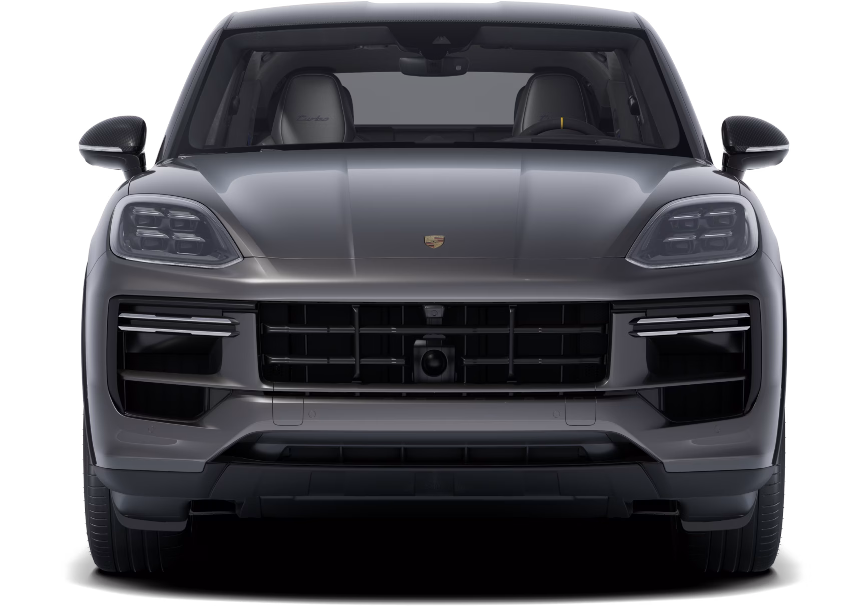 Front view of a Porsche Cayenne Turbo E-Hybrid Coupé with GT package in a Quarzite Grey Metallic paint finish.
