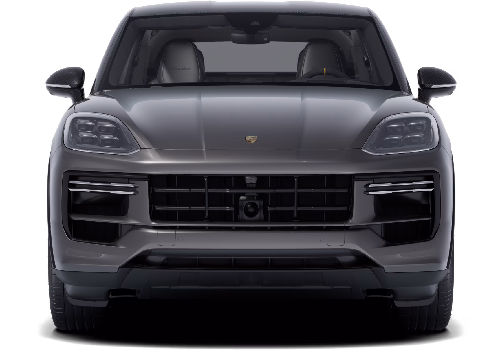 Vue de face d’un Porsche Cayenne Turbo E-Hybrid Coupé avec pack GT peint en Gris Quartzite métallisé.