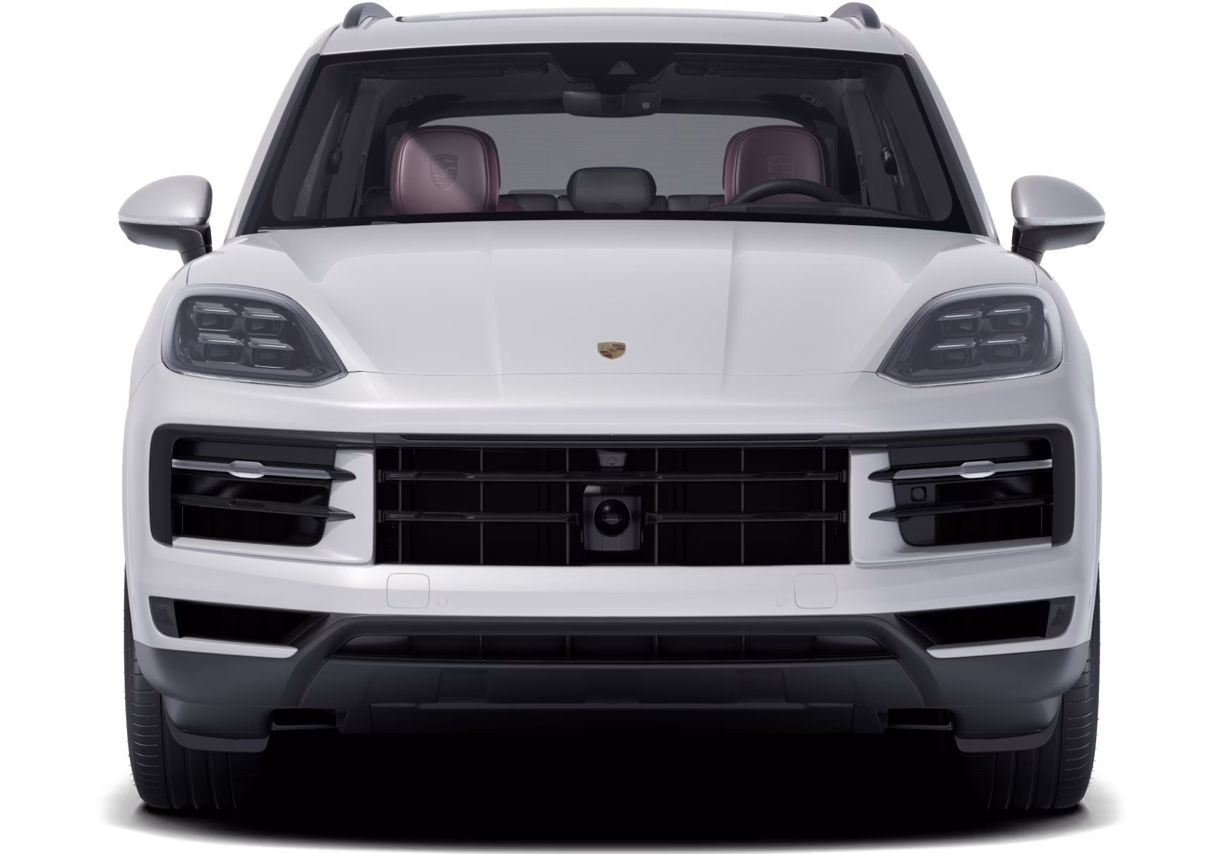Widok z przodu Porsche Cayenne S E-Hybrid w lakierze Carrara White Metallic.