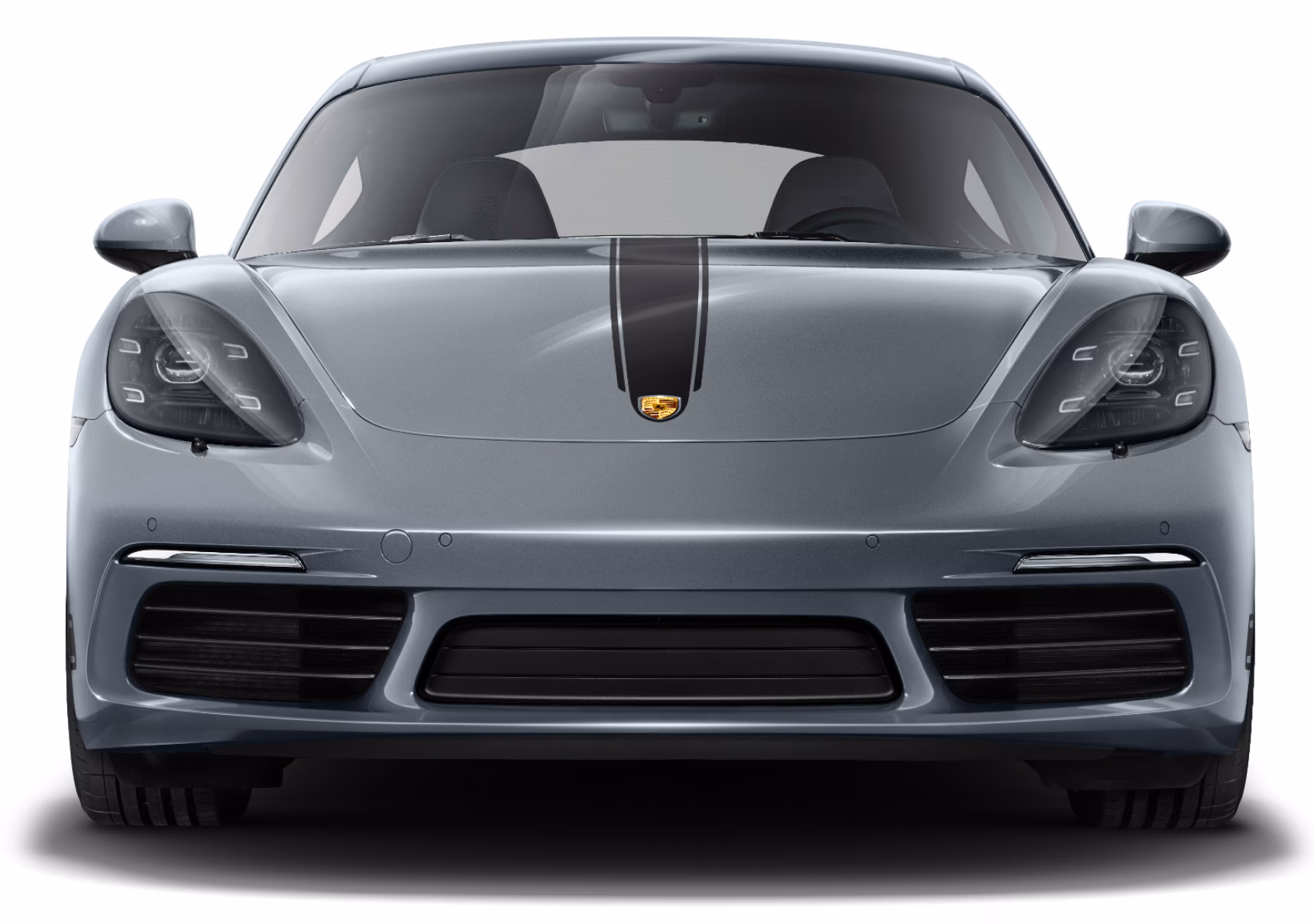Front view of the Porsche 718 Cayman Style Edition in Arctic Grey with Black Contrast Package.