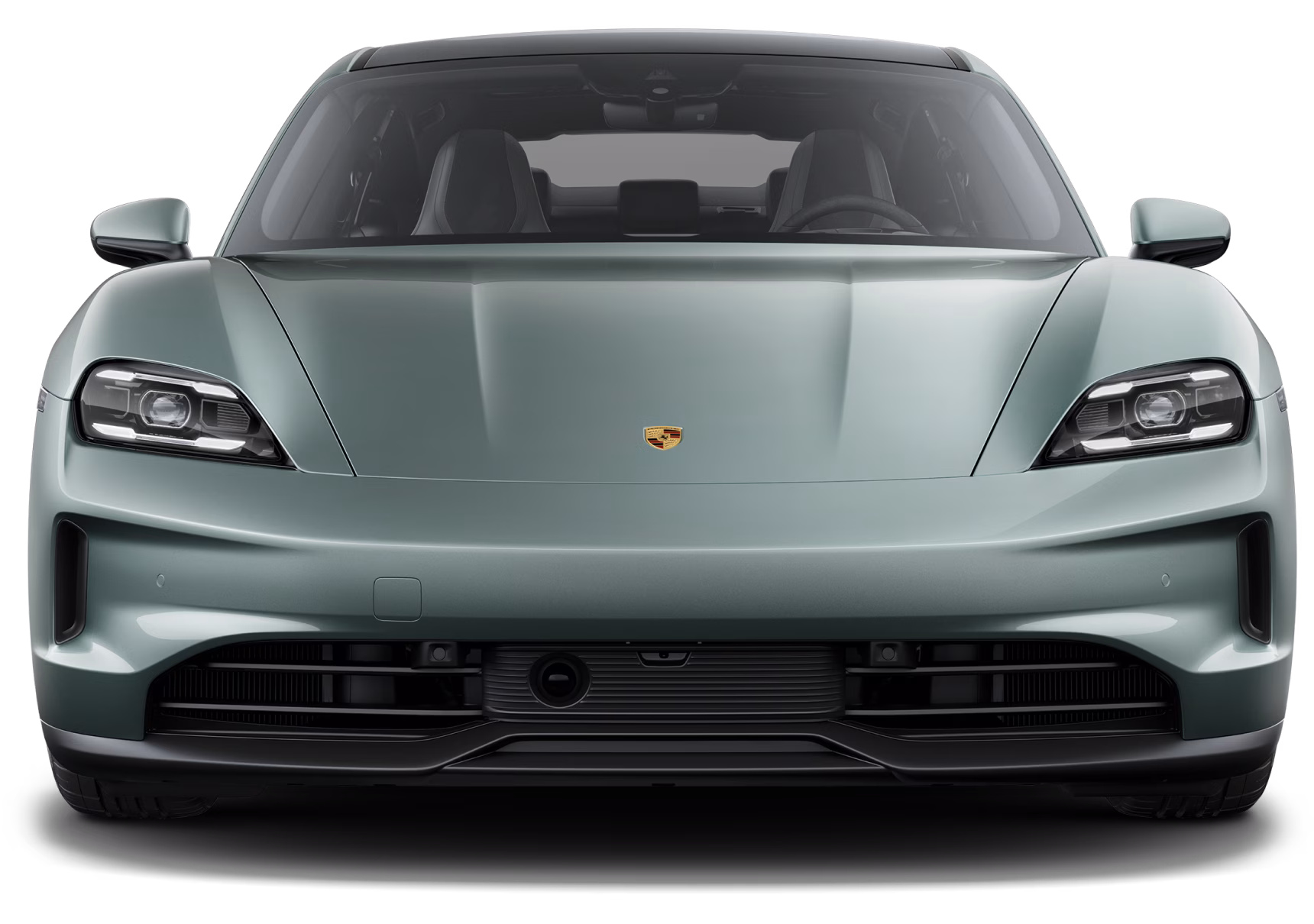 Front view of the Porsche Taycan in Shadegreen metallic.