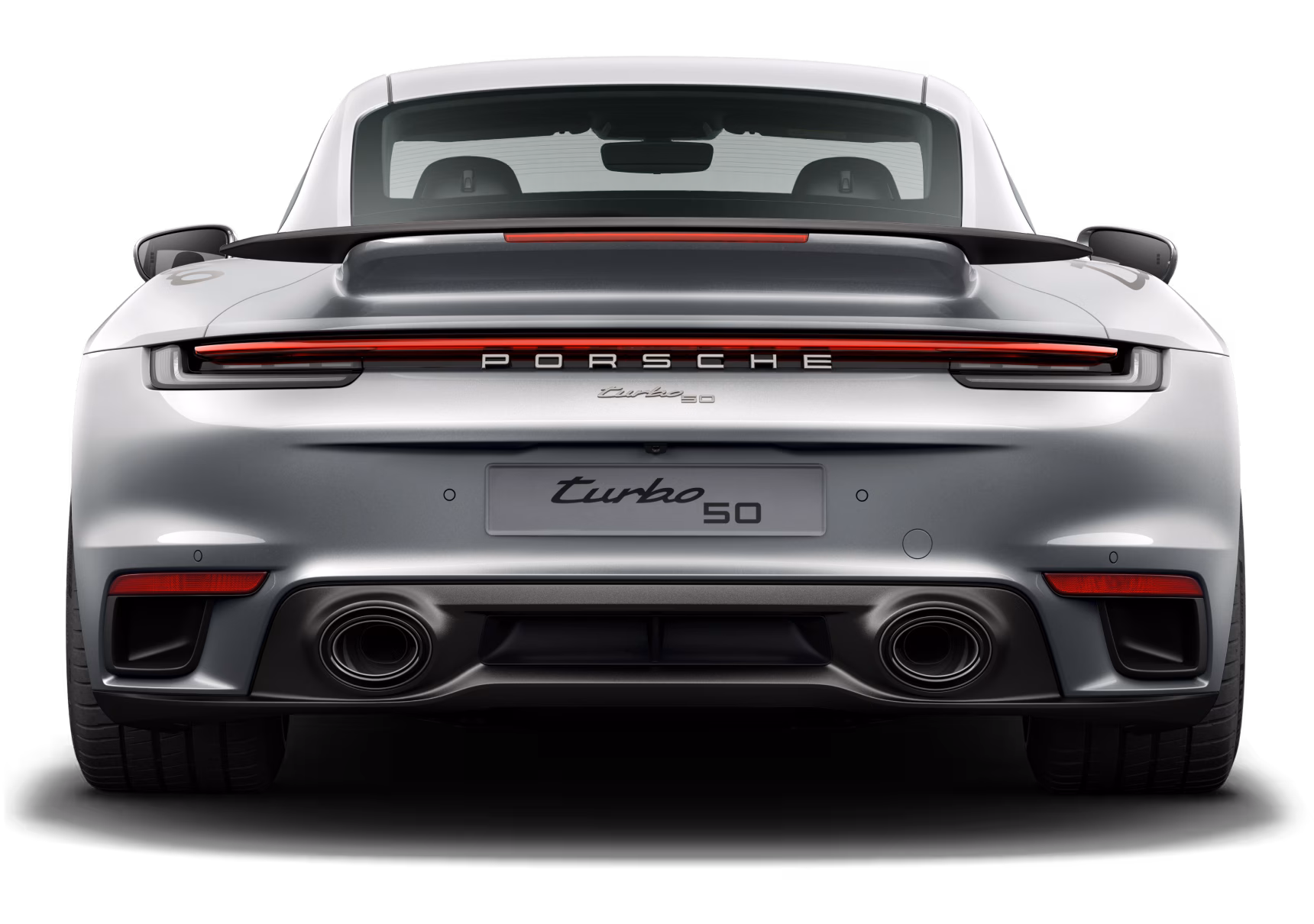 Porsche 911 Turbo 50 years in GT Silver Metallic. Rear view.