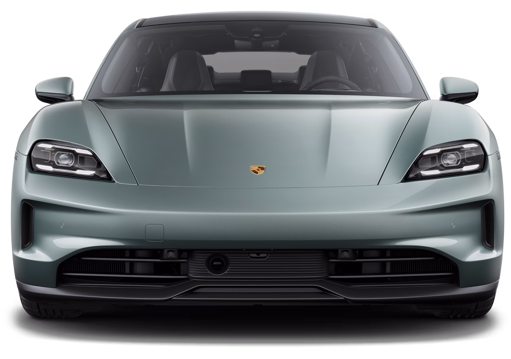 Frontansicht des Porsche Taycan in Shadegreenmetallic.