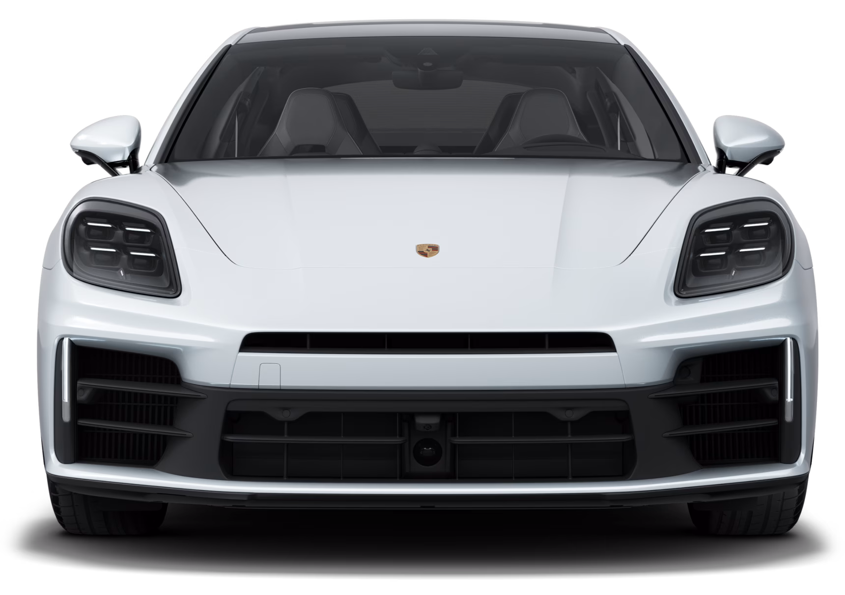Front view of the Porsche Panamera 4S E-Hybrid in Carrara White Metallic.