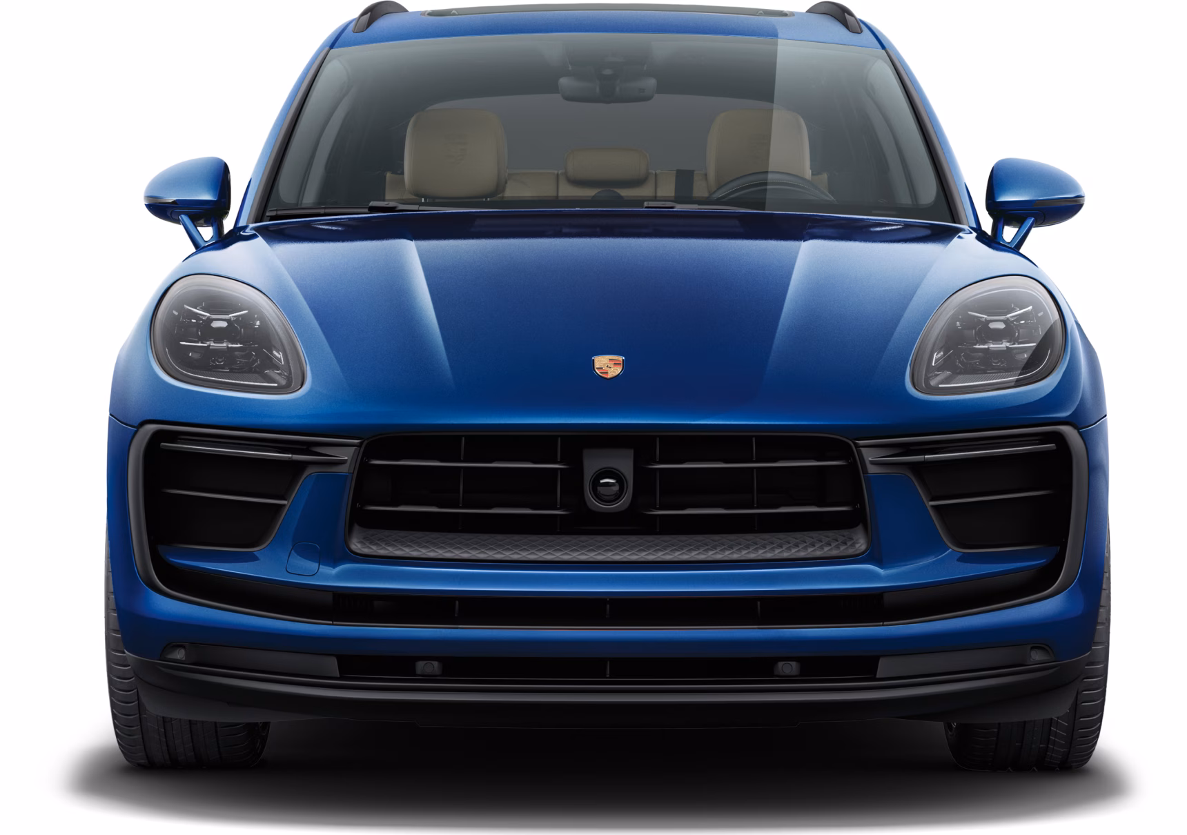 Porsche Macan in Gentian Blue Metallic. Front view.