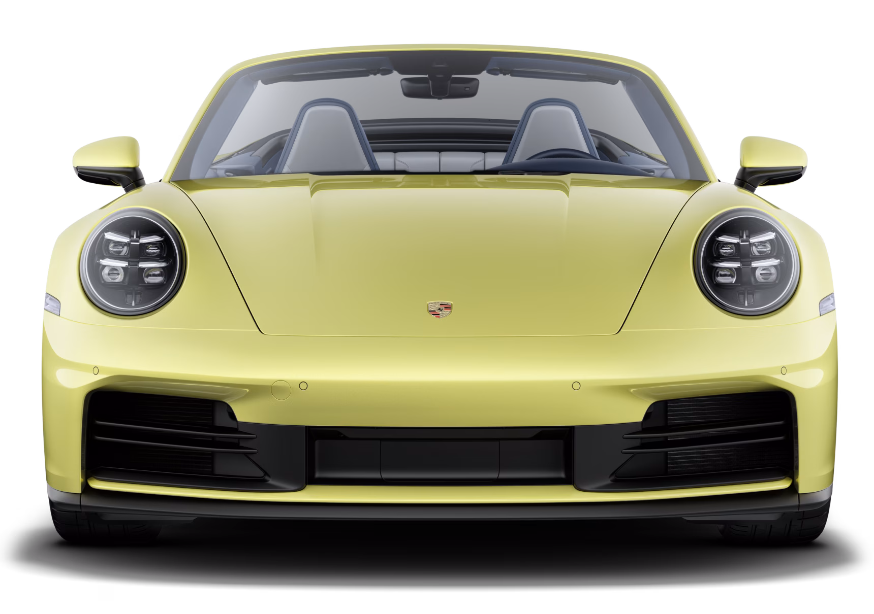 Porsche 911 Carrera Cabriolet in Cartagena Yellow Metallic with Black roof. Front view.