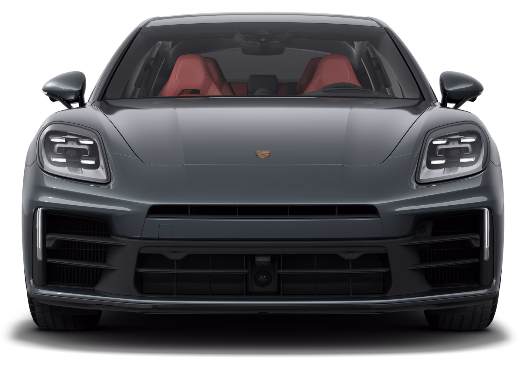 <p>Front view of the Porsche Panamera in Volcano Grey Metallic.</p>