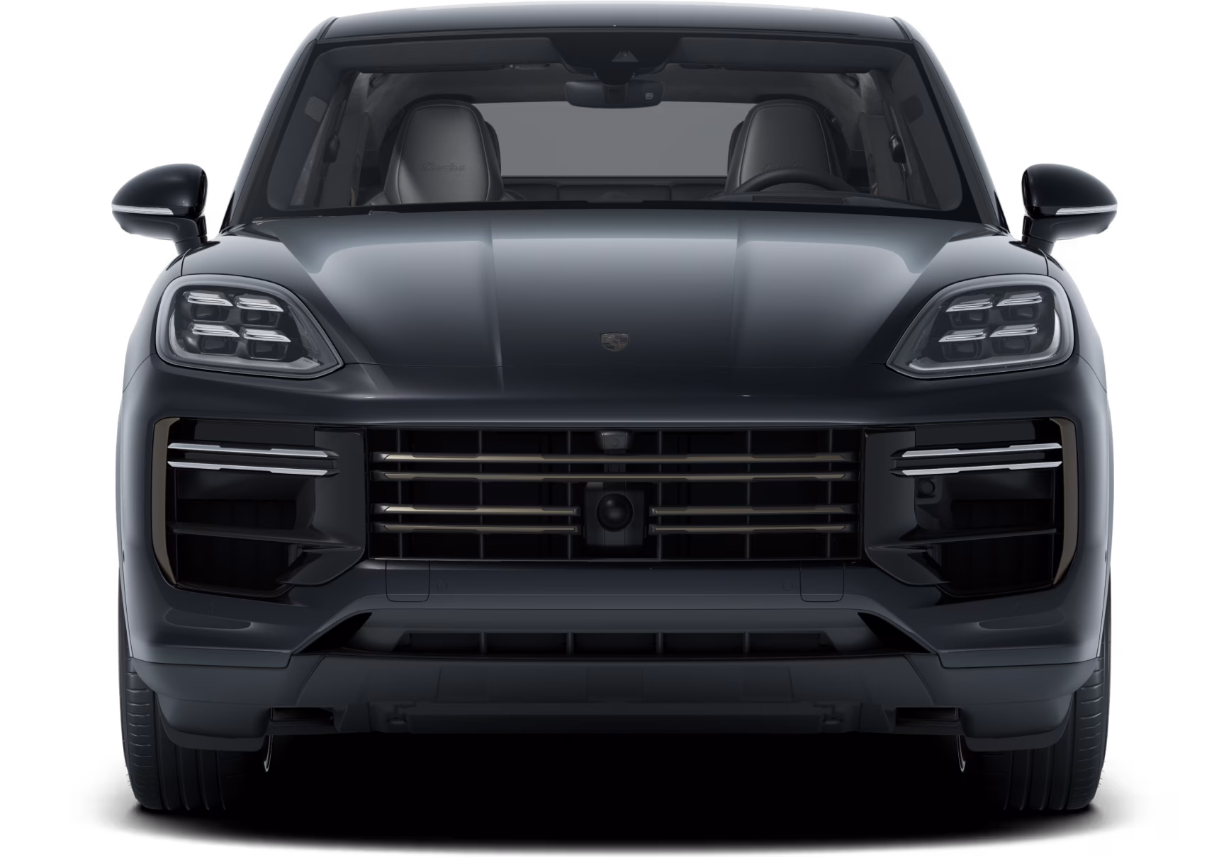 Frontansicht des Porsche Cayenne Turbo E-Hybrid Coupé in Chromitschwarzmetallic.