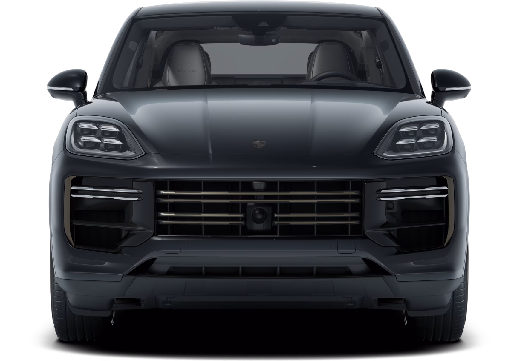 Porsche Cayenne Turbo E-Hybrid Coupé i Chromite Black Metallic sett forfra.