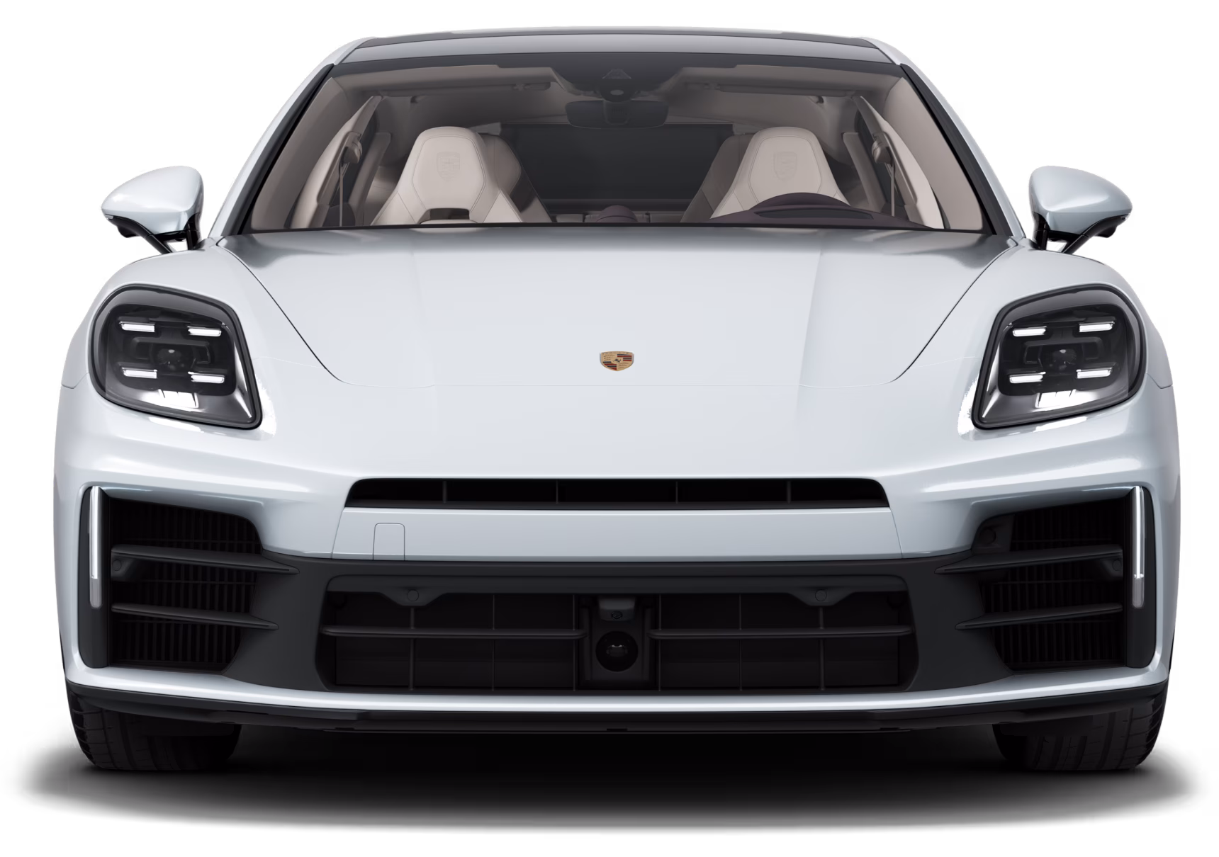 Front view of the Porsche Panamera 4 E-Hybrid Executive in Carrara White Metallic.