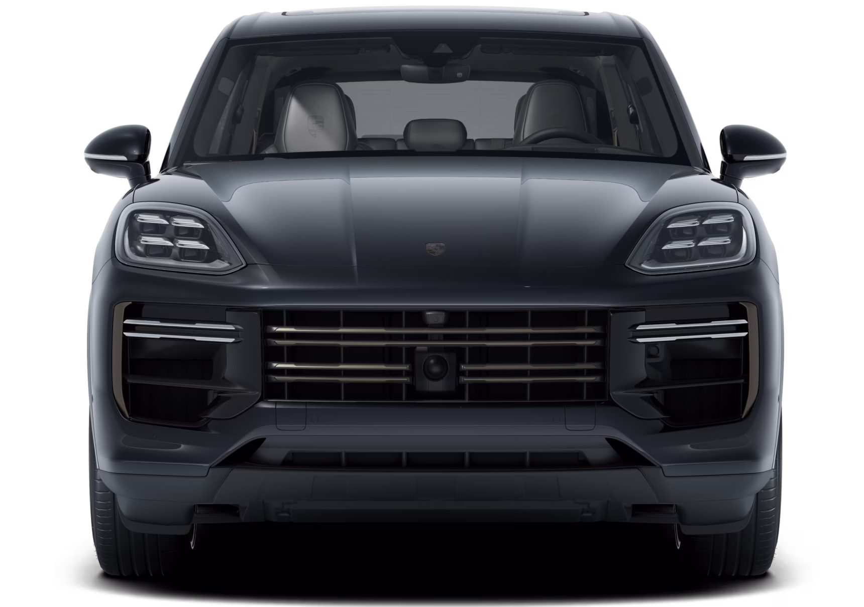 Porsche Cayenne Turbo E-Hybrid цвета черный металлик (Chromite Black Metallic), вид спереди.