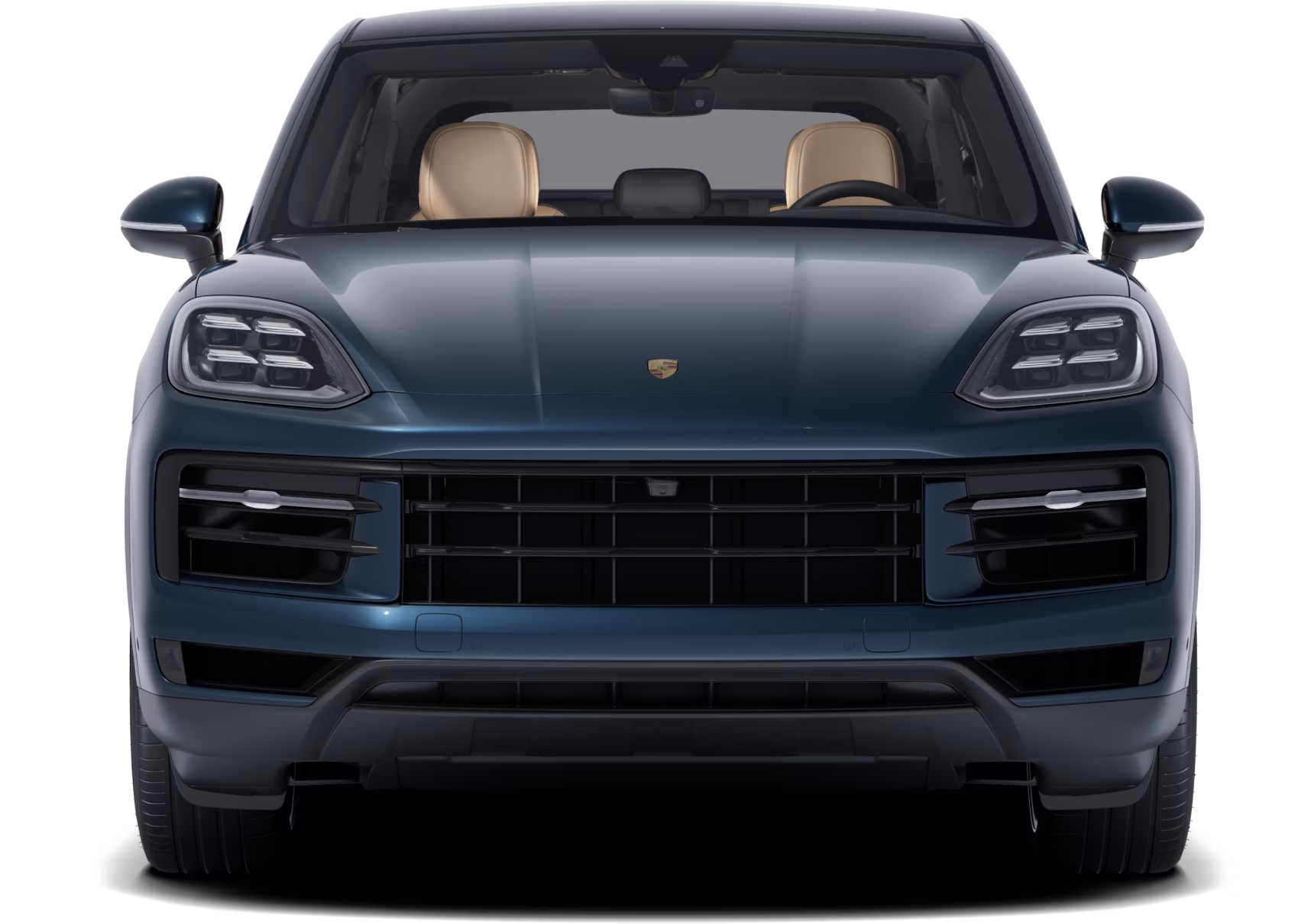 Front view of a Porsche Cayenne S Coupé in an Algarve Blue paint finish.
