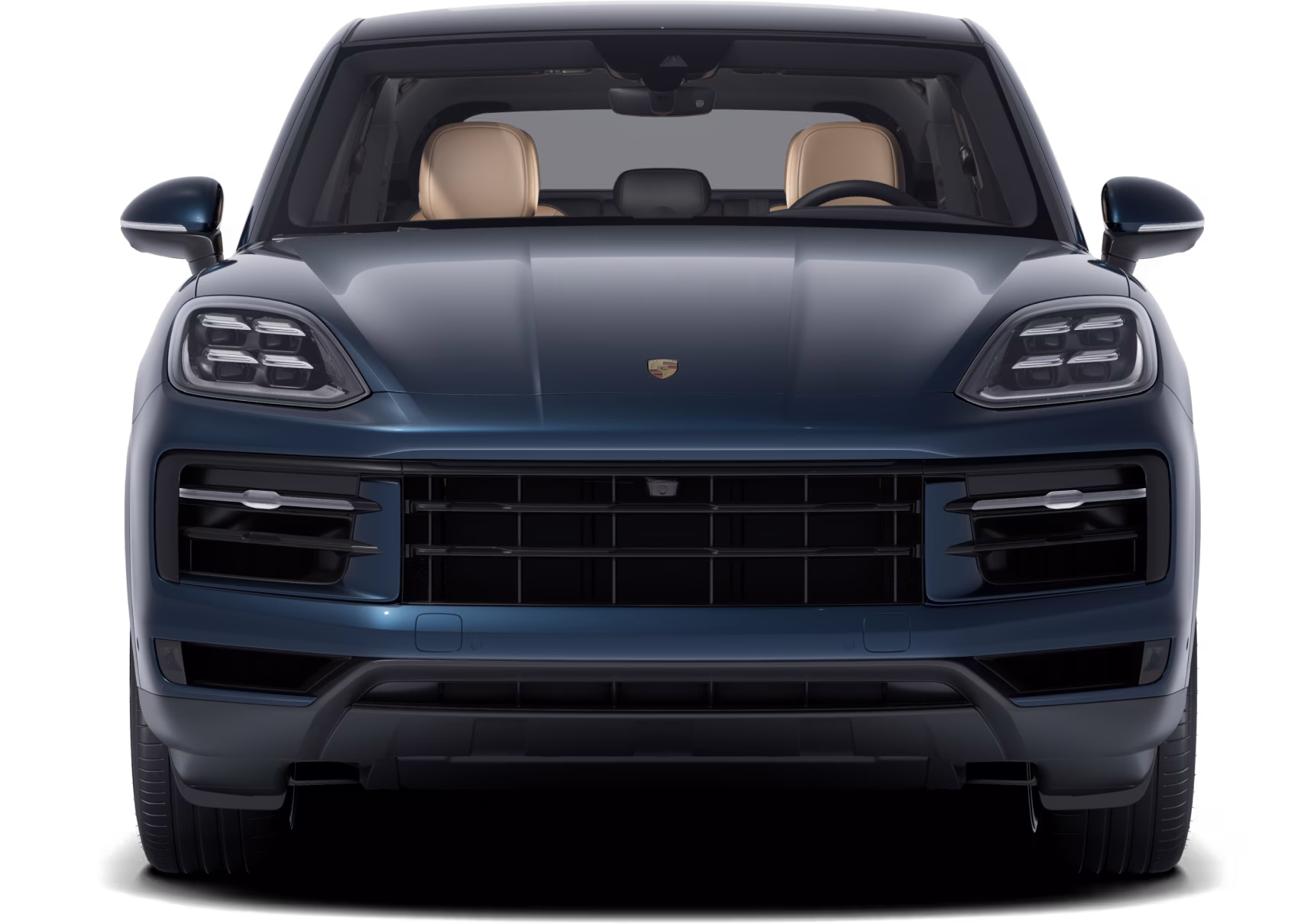 Front view of a Porsche Cayenne S Coupé in Algarve Blue.