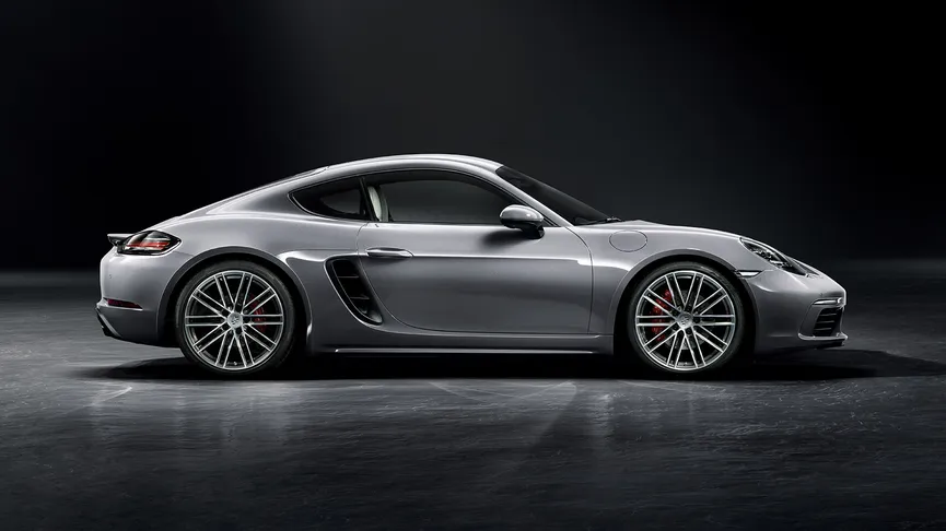 A Porsche 718 parked on a light stone surface. The car is angled slightly to the right. The background includes a dark wall with red flowers, partially obscured by green foliage in the foreground. The lighting suggests an outdoor setting with dappled sunlight.