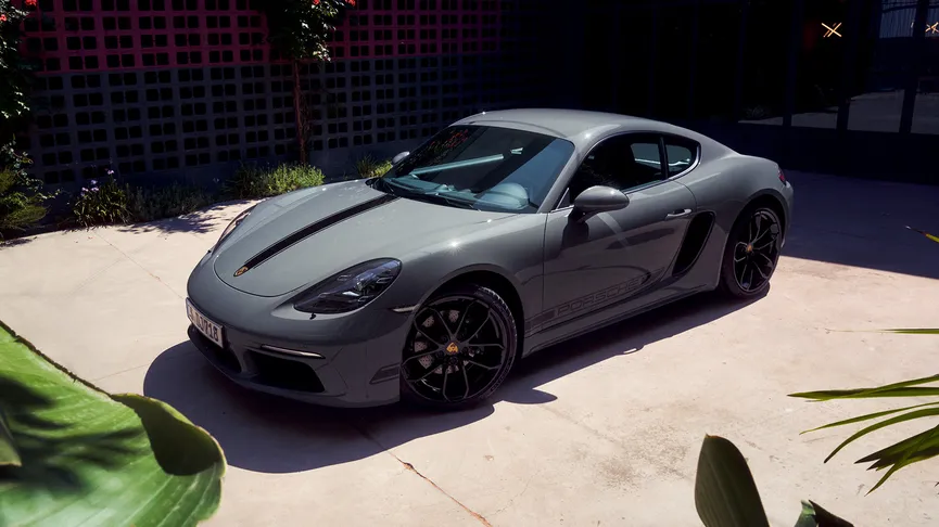A Porsche 718 parked on a light stone surface. The car is angled slightly to the right. The background includes a dark wall with red flowers, partially obscured by green foliage in the foreground. The lighting suggests an outdoor setting with dappled sunlight.