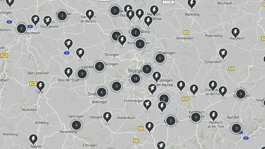 Map showing charging points for electric cars