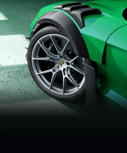 Close-up of the wheel of the Porsche Taycan Turbo GT with Weissach Package and Manthey Kit.