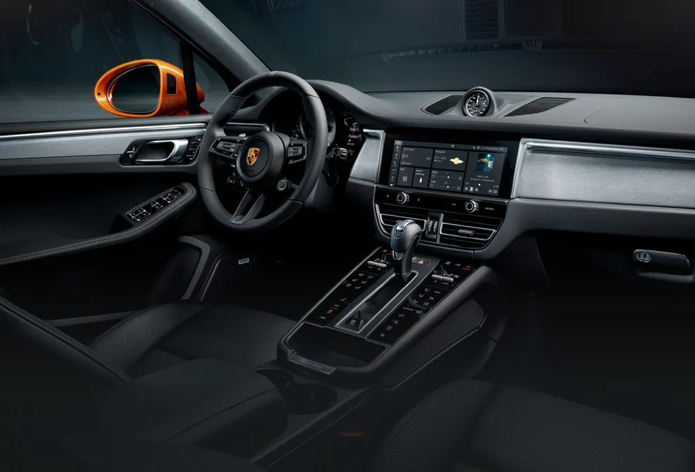 Interior of the Porsche Macan S. View from the passenger seat into the cockpit.
