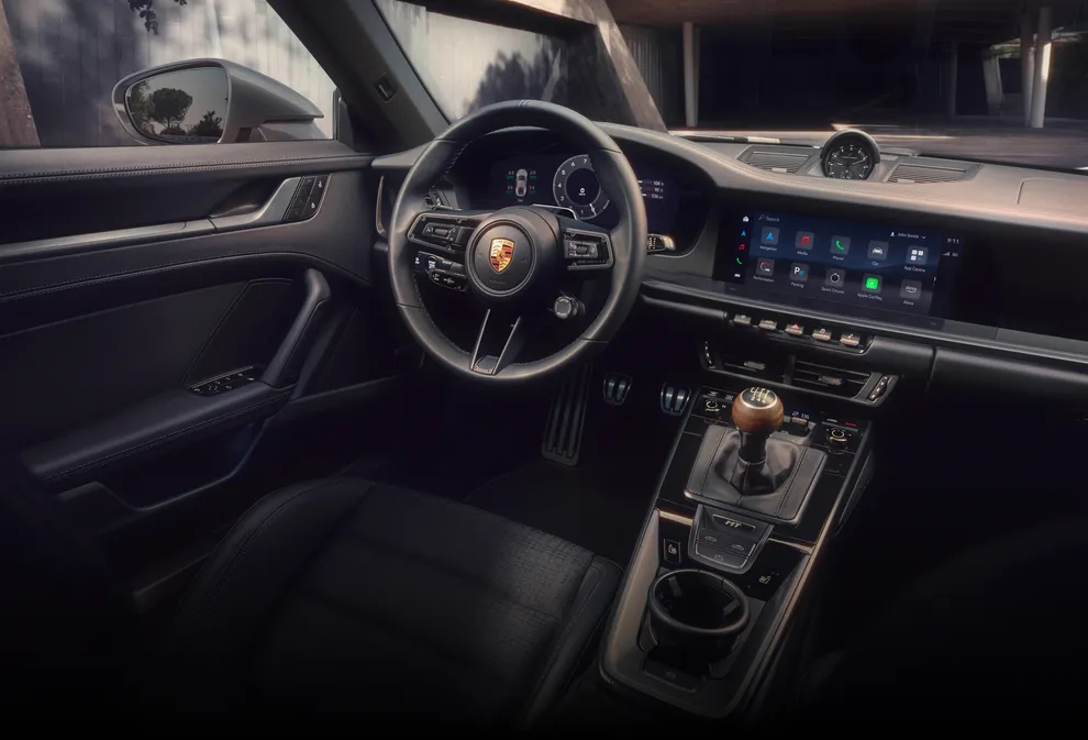View of the cockpit of the Porsche 911 Carrera T Cabriolet with interior package.