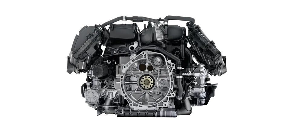 Illustration of the 2.5-litre Turbo boxer engine with VTG in the Porsche 718 S models.