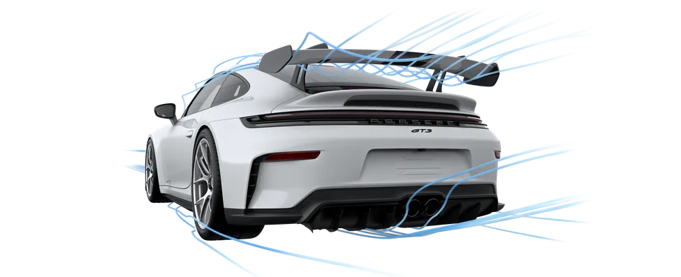 Darstellung der Aerodynamik beim Porsche 911 GT3.