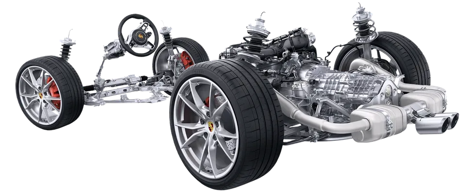 Technische Grafik des Rolling Chassis (Fahrwerk) bei den Porsche 718 S Modellen.