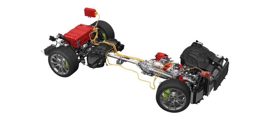 Graphique du châssis mettant en valeur l’entraînement hybride et la batterie du Porsche Cayenne E-Hybrid.