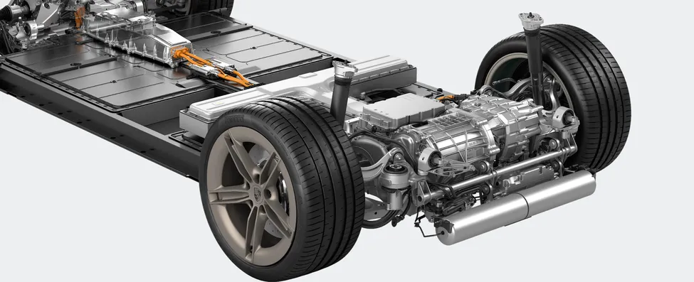 Graphic of the rear-axle steering on the Porsche Taycan.