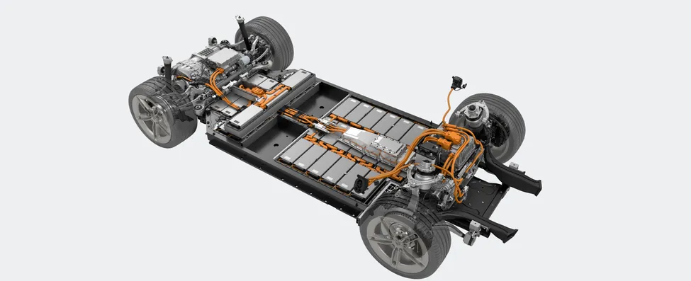 Graphic of the charging architecture in the Porsche Taycan 4S Sport Turismo. 