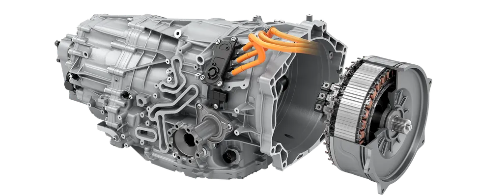 Technical graphic of the electric motor integrated into the Porsche Doppelkupplung (PDK).