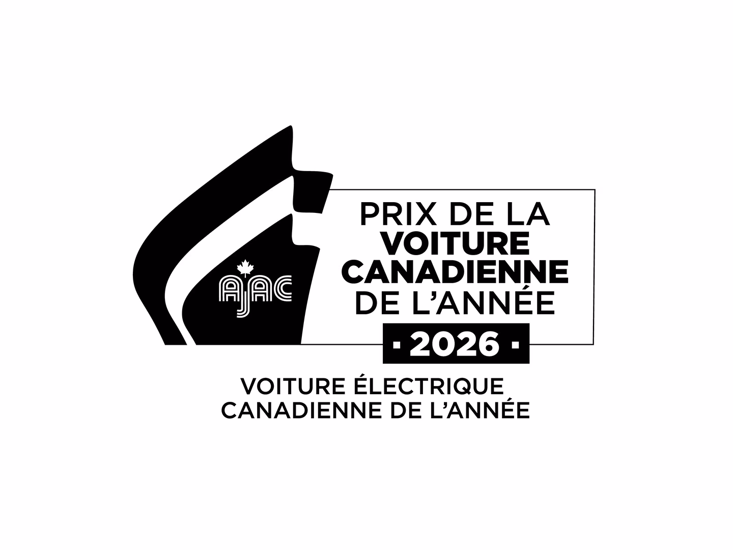 Un logo noir et blanc avec un texte soulignant le gagnant du prix de la Voiture électrique canadienne de l’année.